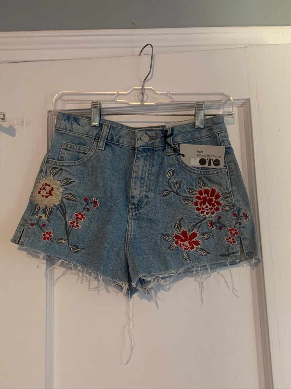 High-Waist Embroidered Denim Shorts with Red Floral Accents